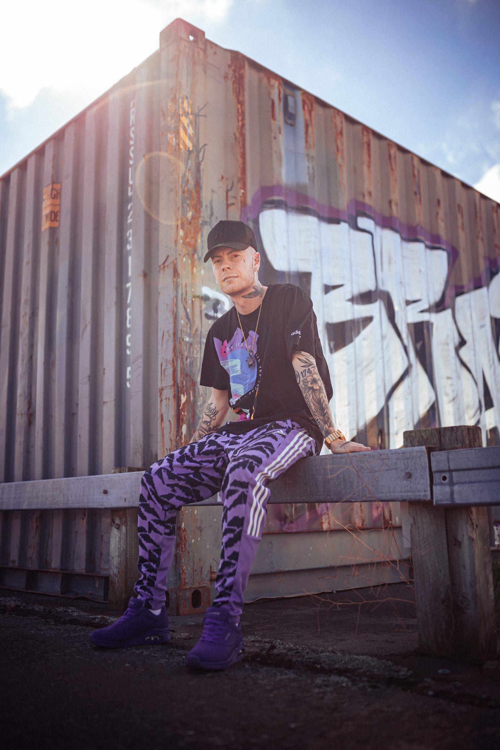 Crossy sat ona wooden fence in front of shipping container